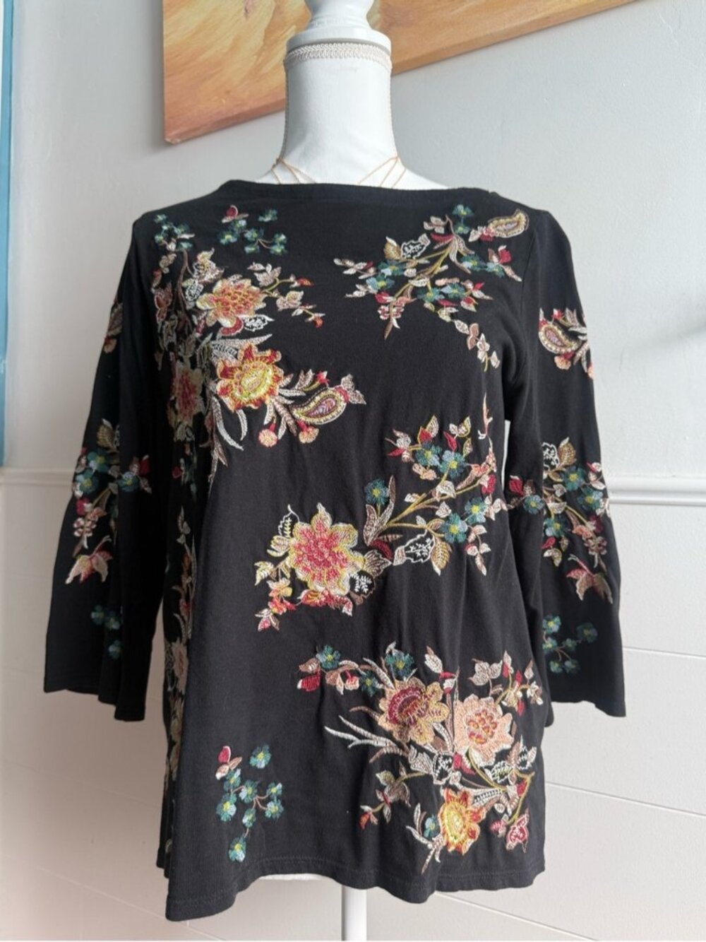 J.Jill Black Floral Embroidered Top Size Small Boho 3/4 Sleeve